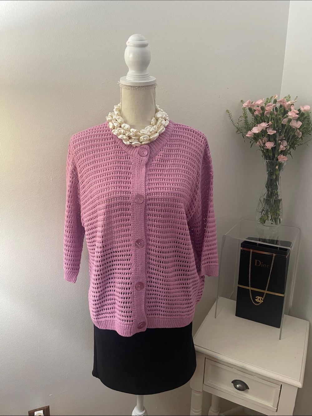 Pink Open-Knit Button-Front Women's Sweater